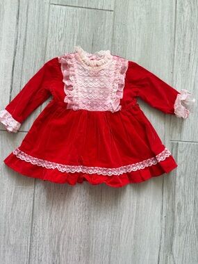 Vintage Sears Red Dress with Pink Lace Accents